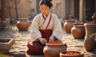 Ancient Korean woman preparing traditional fermentation foods kimchi in earthenware