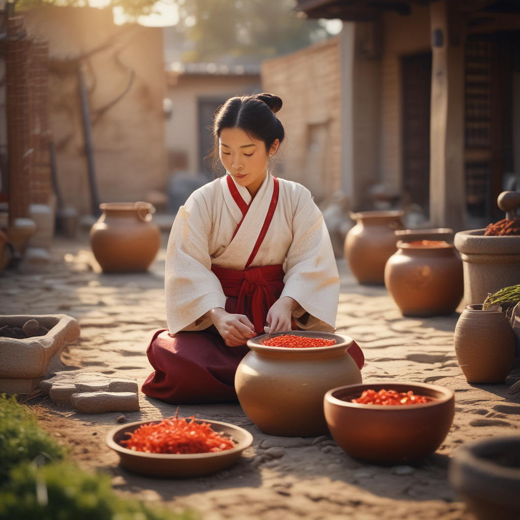 Ancient Korean woman preparing traditional fermentation foods kimchi in earthenware