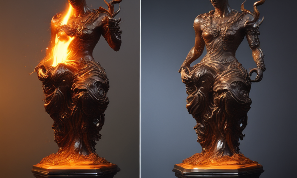 Bronze sculpture materials science showing molten metal casting process at