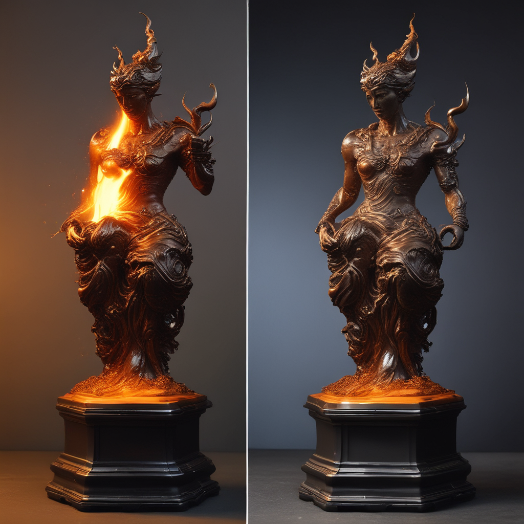 Bronze sculpture materials science showing molten metal casting process at