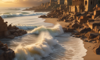 Ancient ruins and tsunami wave showing how natural disasters changed