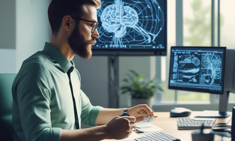 Professional practicing microdosing wellness with brief meditation break showing brain