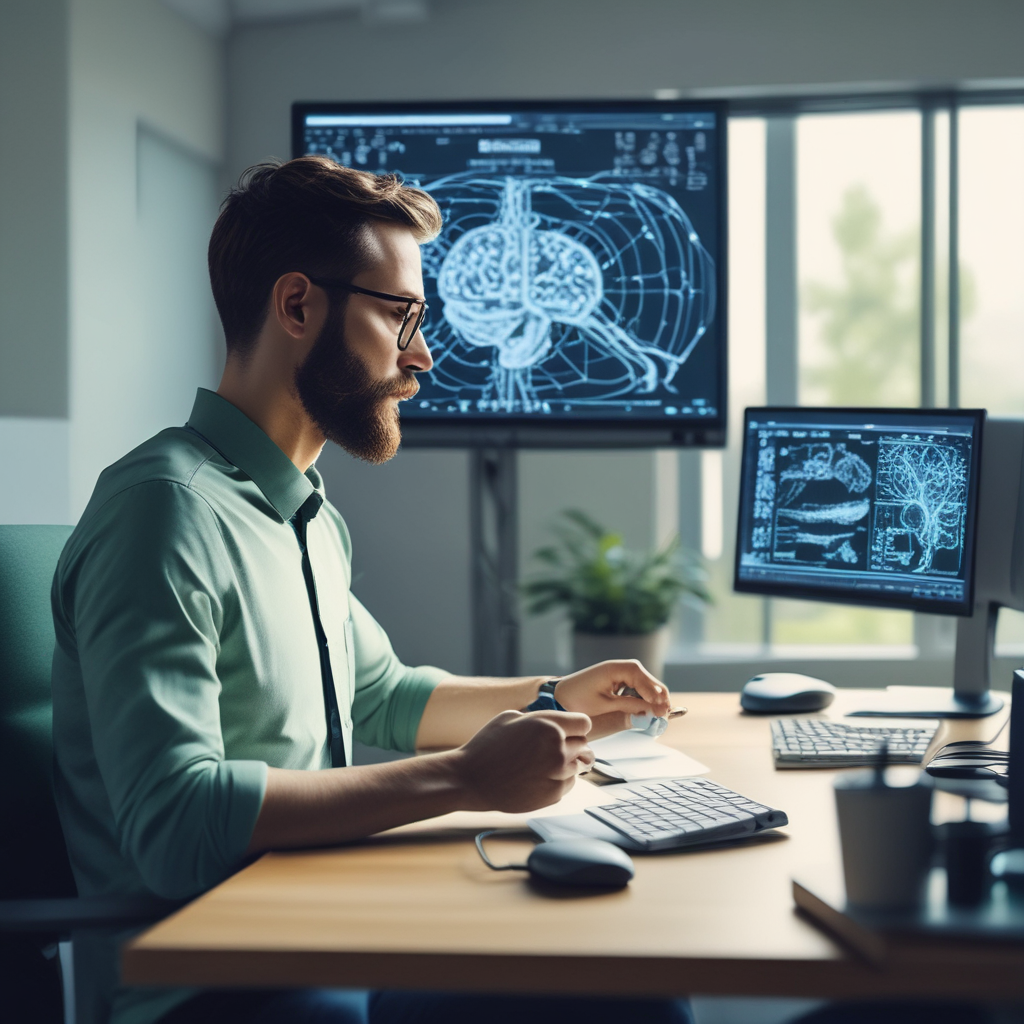 Professional practicing microdosing wellness with brief meditation break showing brain