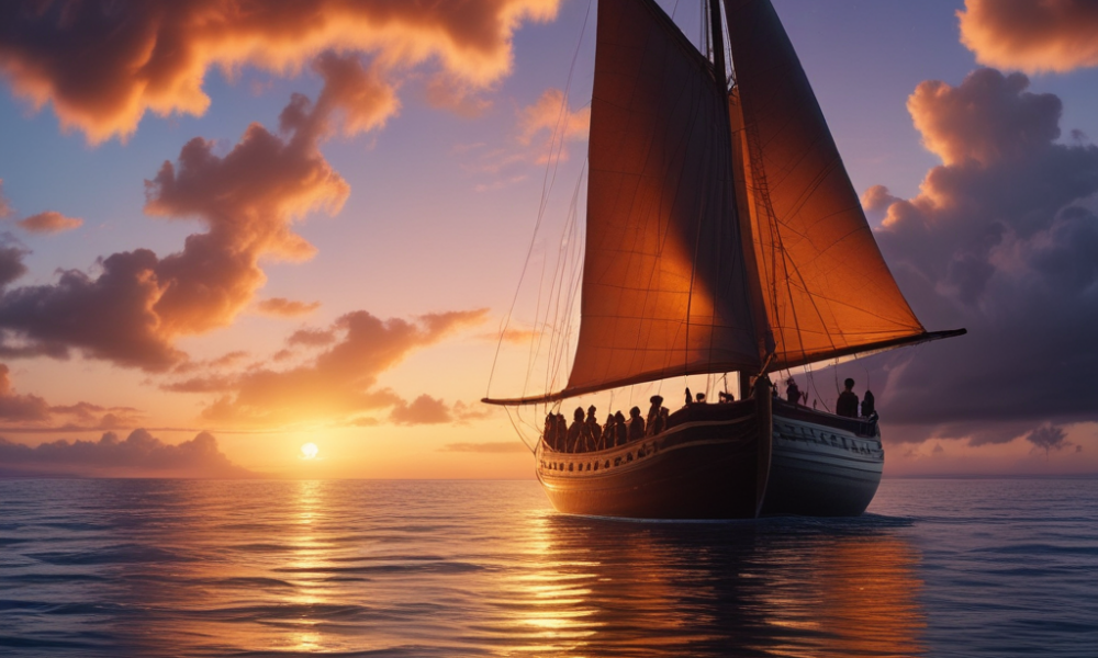 Traditional Polynesian navigation canoe crossing Pacific Ocean using ancient wayfinding
