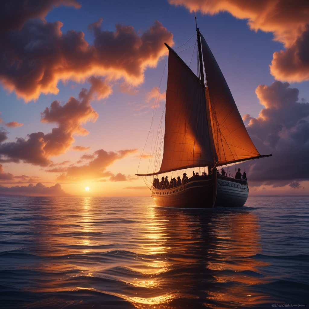 Traditional Polynesian navigation canoe crossing Pacific Ocean using ancient wayfinding