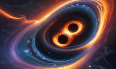 Two supermassive black holes merge with gravitational waves distorting spacetime
