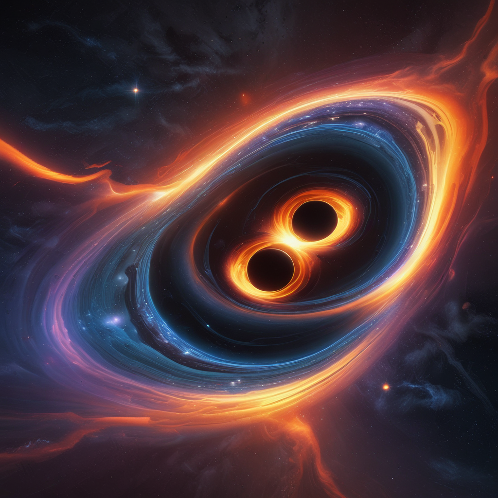 Two supermassive black holes merge with gravitational waves distorting spacetime