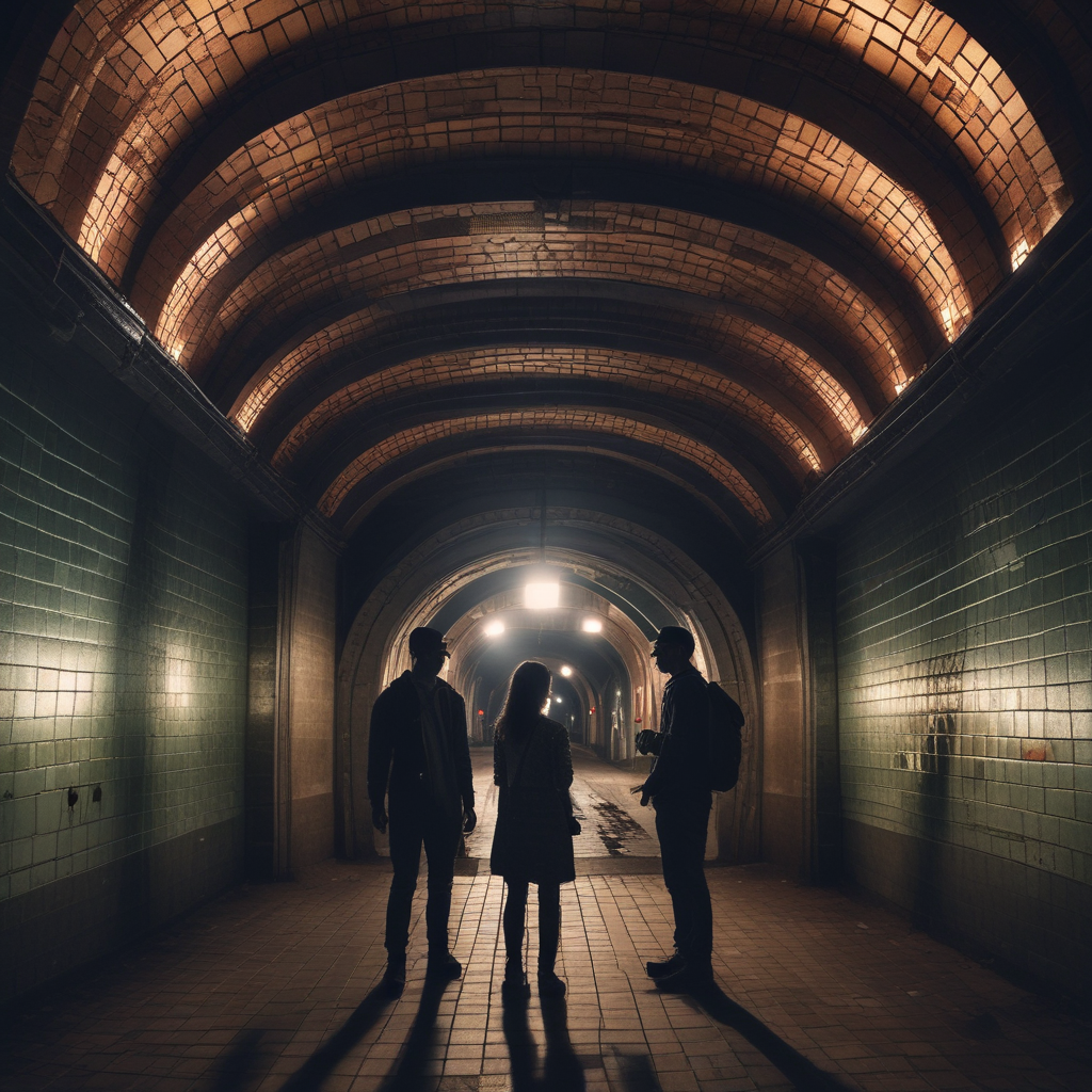 Underground urban exploration in abandoned subway tunnel with vintage architecture