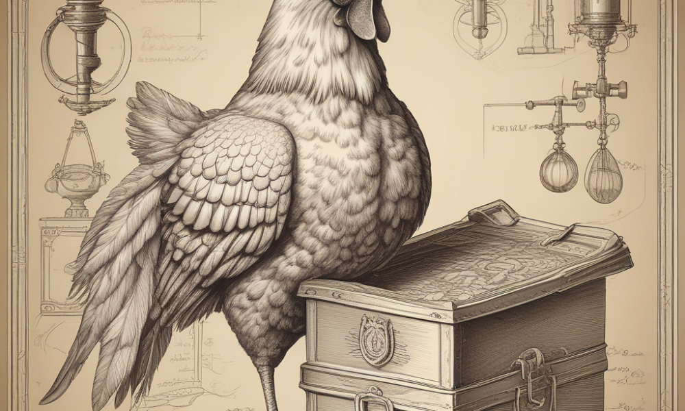 Chicken wearing glasses next to Victorian safety coffin - ridiculous