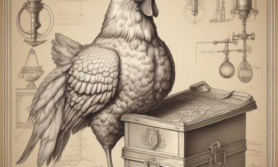 Chicken wearing glasses next to Victorian safety coffin - ridiculous