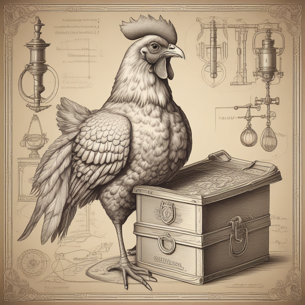 Chicken wearing glasses next to Victorian safety coffin - ridiculous