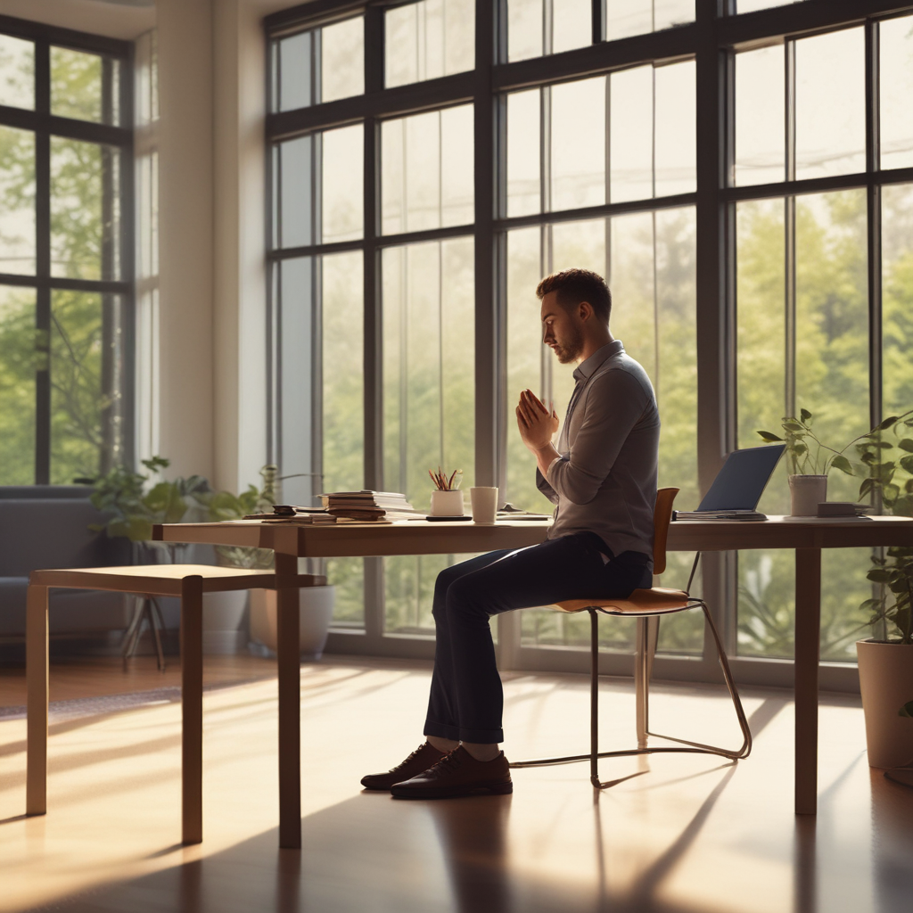 Professional taking micro-recovery break with deep breathing exercise at office
