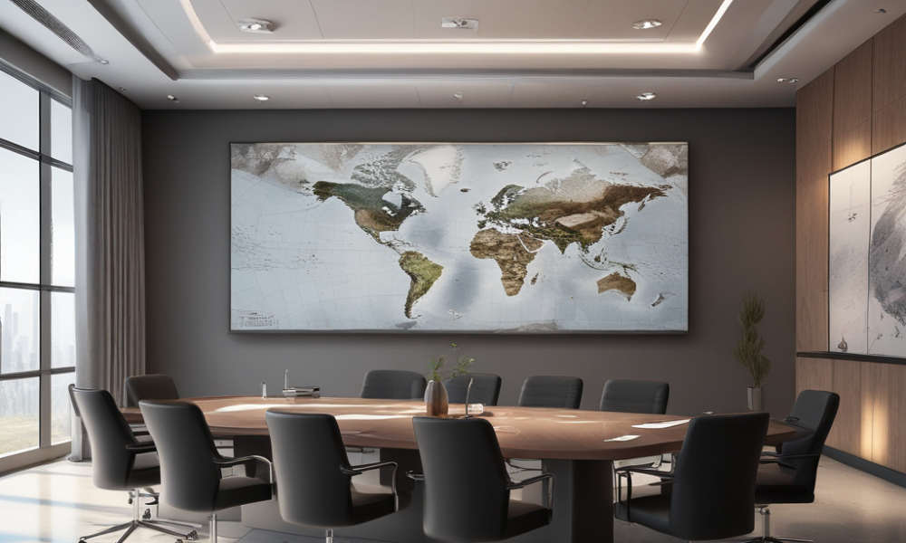 Corporate boardroom with climate maps and international environmental agreements data