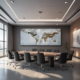 Corporate boardroom with climate maps and international environmental agreements data