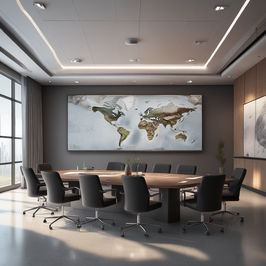 Corporate boardroom with climate maps and international environmental agreements data