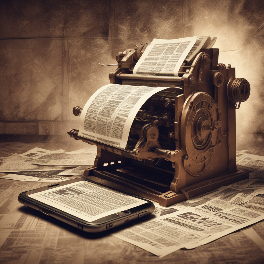 Traditional newspaper printing contrasted with modern social media breaking news