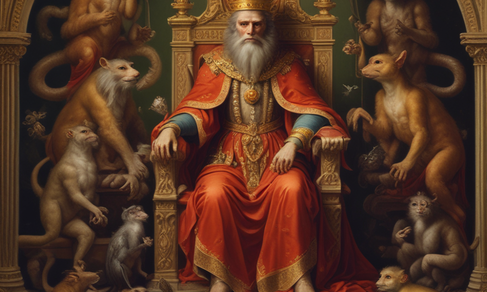 Historical rulers defeated by animals - ancient king on throne