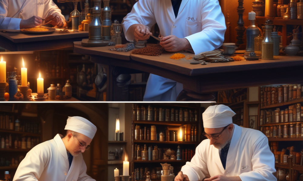 Medieval doctor grinding antimicrobial spices contrasted with modern scientist studying