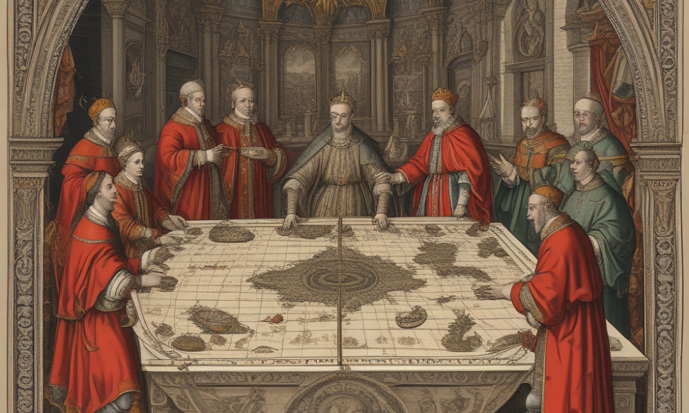 European monarchs dividing world map showing Treaty of Tordesillas line