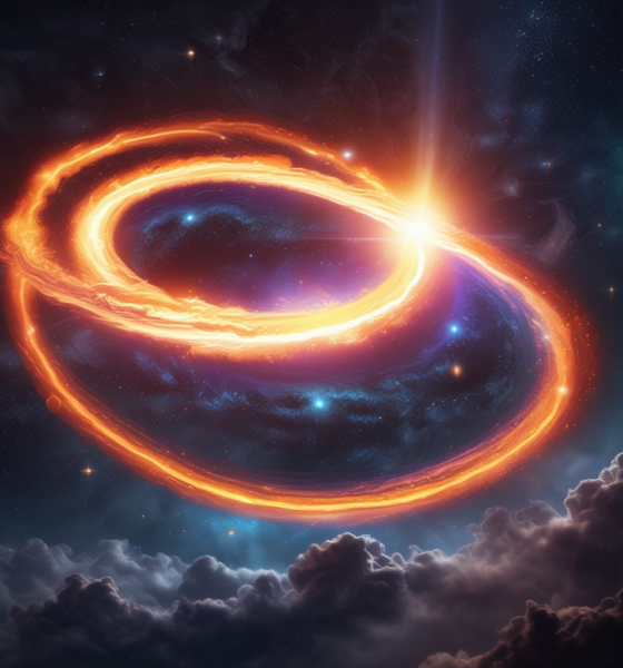 Brilliant quasar with glowing accretion disk outshining surrounding galaxy in