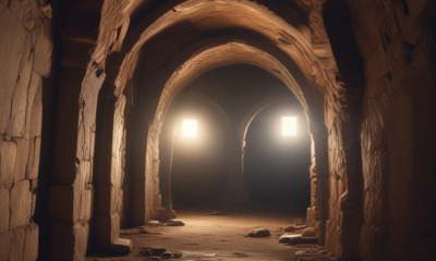 Urban explorer with headlamp investigating abandoned underground tunnel system during