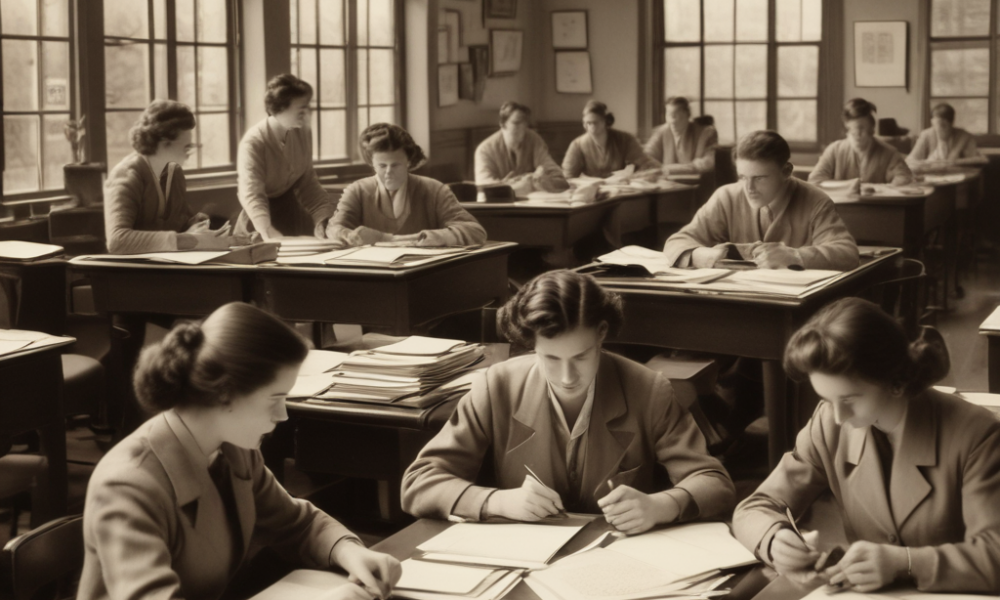 Human computers working at desks with calculators and papers in