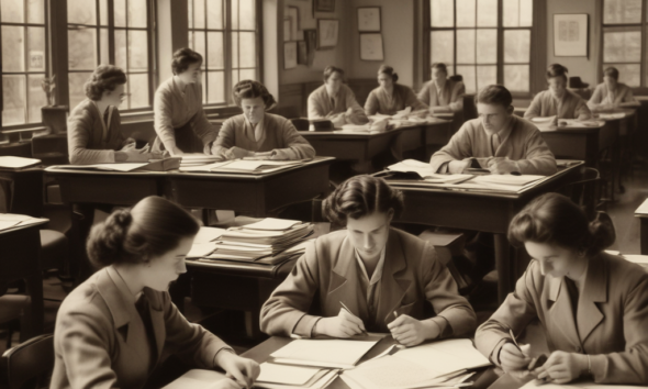 Human computers working at desks with calculators and papers in