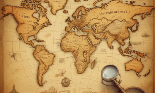 Ancient world map showing place name origins with magnifying glasses