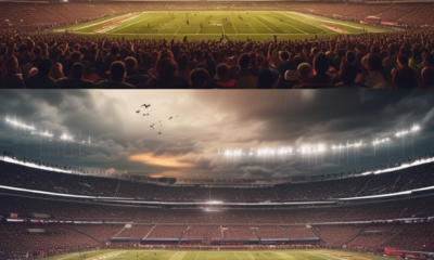 Football stadium and military aircraft showing sports wars history escalation