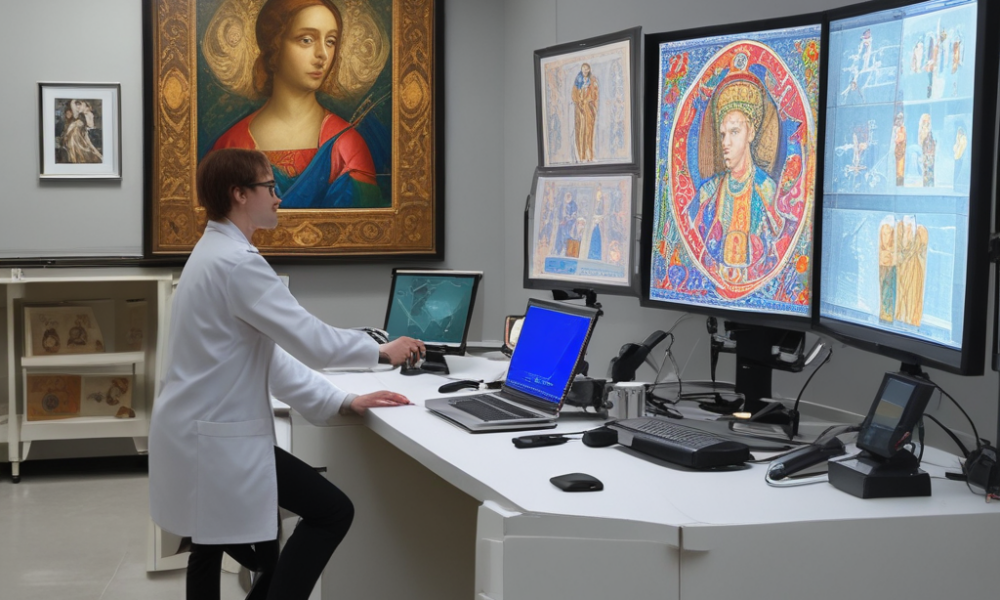 Art restoration science conservator using X-ray technology to analyze Renaissance