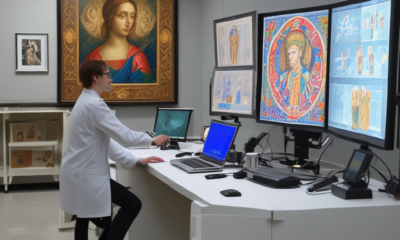 Art restoration science conservator using X-ray technology to analyze Renaissance