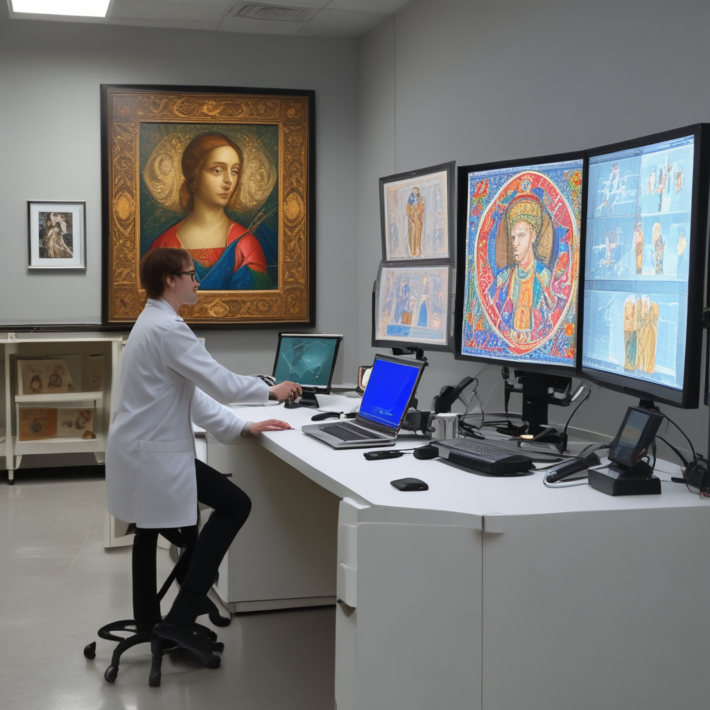 Art restoration science conservator using X-ray technology to analyze Renaissance