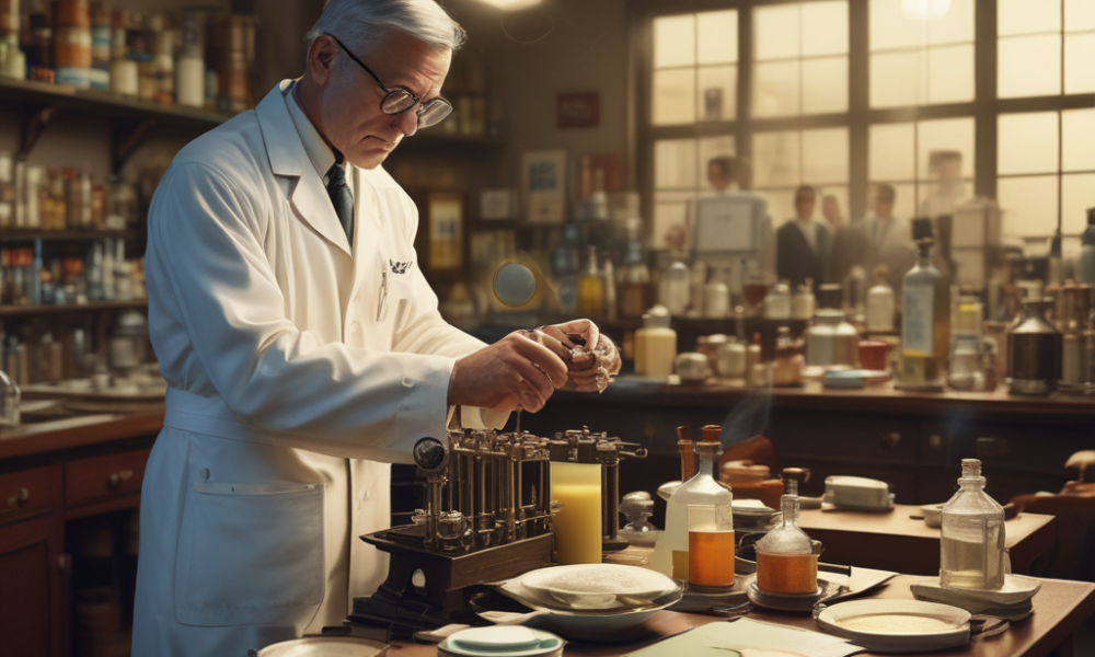 Alexander Fleming examining moldy petri dishes next to modern accidental