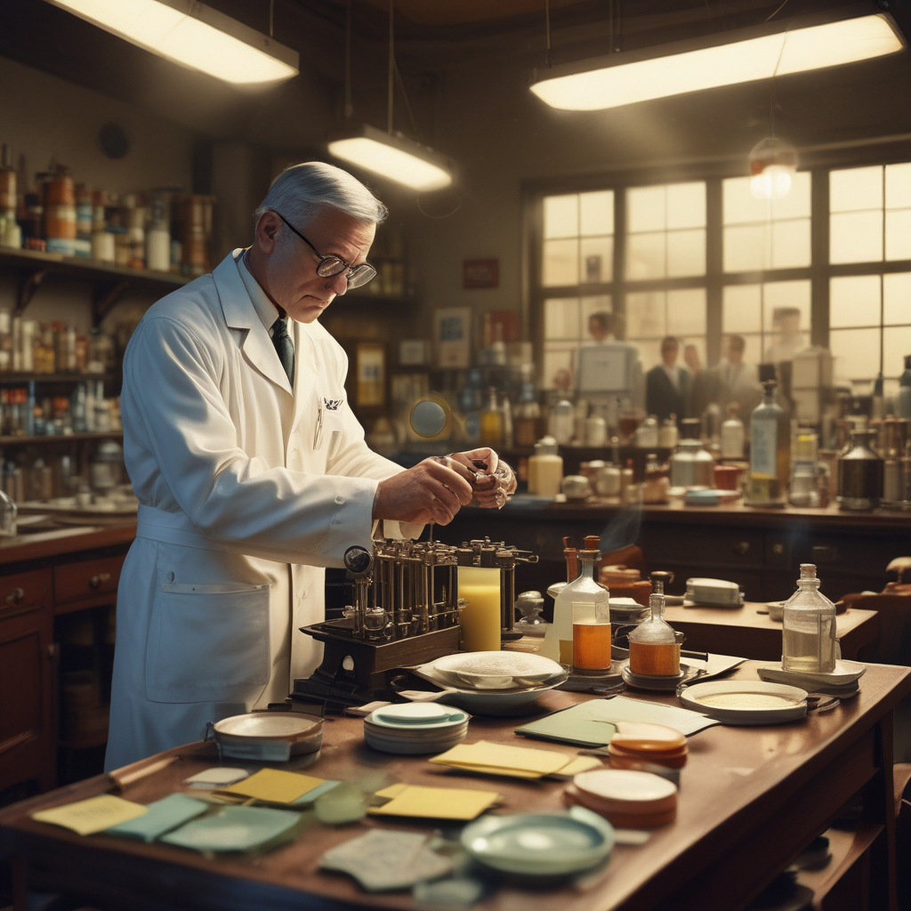Alexander Fleming examining moldy petri dishes next to modern accidental