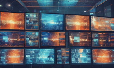 Modern newsroom with AI breaking news algorithms visualized as digital