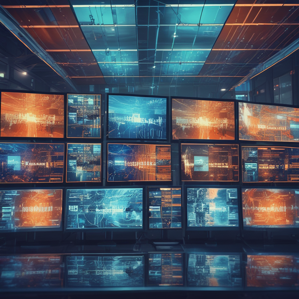 Modern newsroom with AI breaking news algorithms visualized as digital