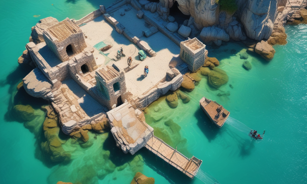 Underwater archaeological travel discoveries showing ancient stone structures submerged off