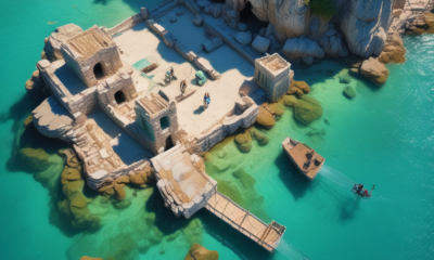 Underwater archaeological travel discoveries showing ancient stone structures submerged off