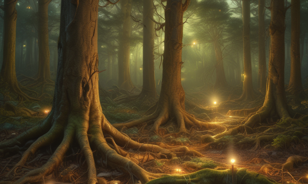 Underground mycorrhizal fungal network connecting tree roots showing animal partnerships