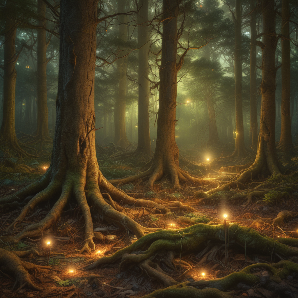 Underground mycorrhizal fungal network connecting tree roots showing animal partnerships