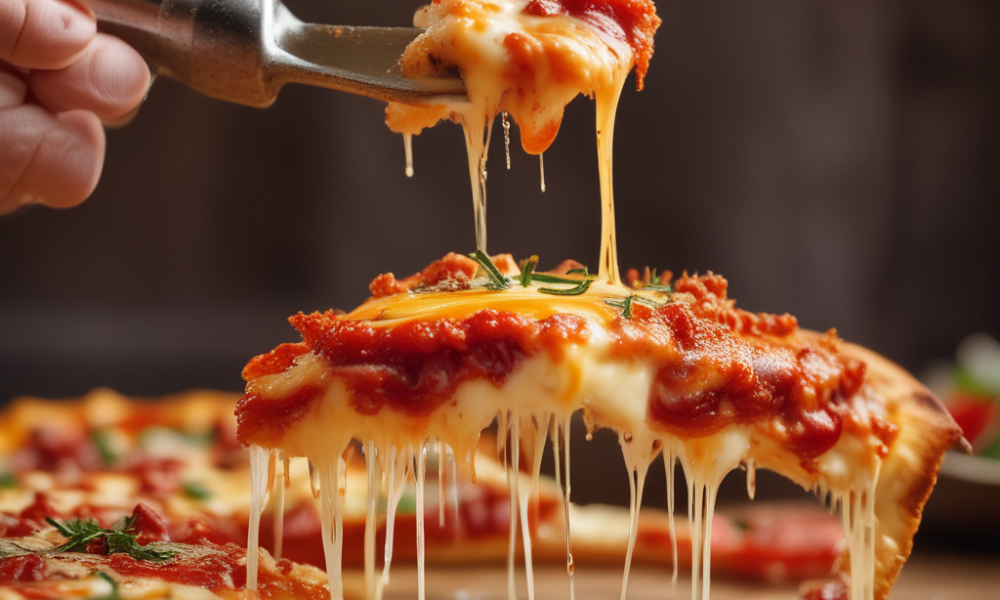 Melted cheese pizza slice showing flavor pairing science with tomatoes