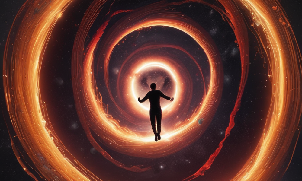 Spaghettification effect stretching human figure near black hole event horizon