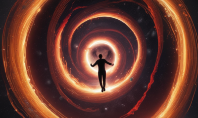 Spaghettification effect stretching human figure near black hole event horizon