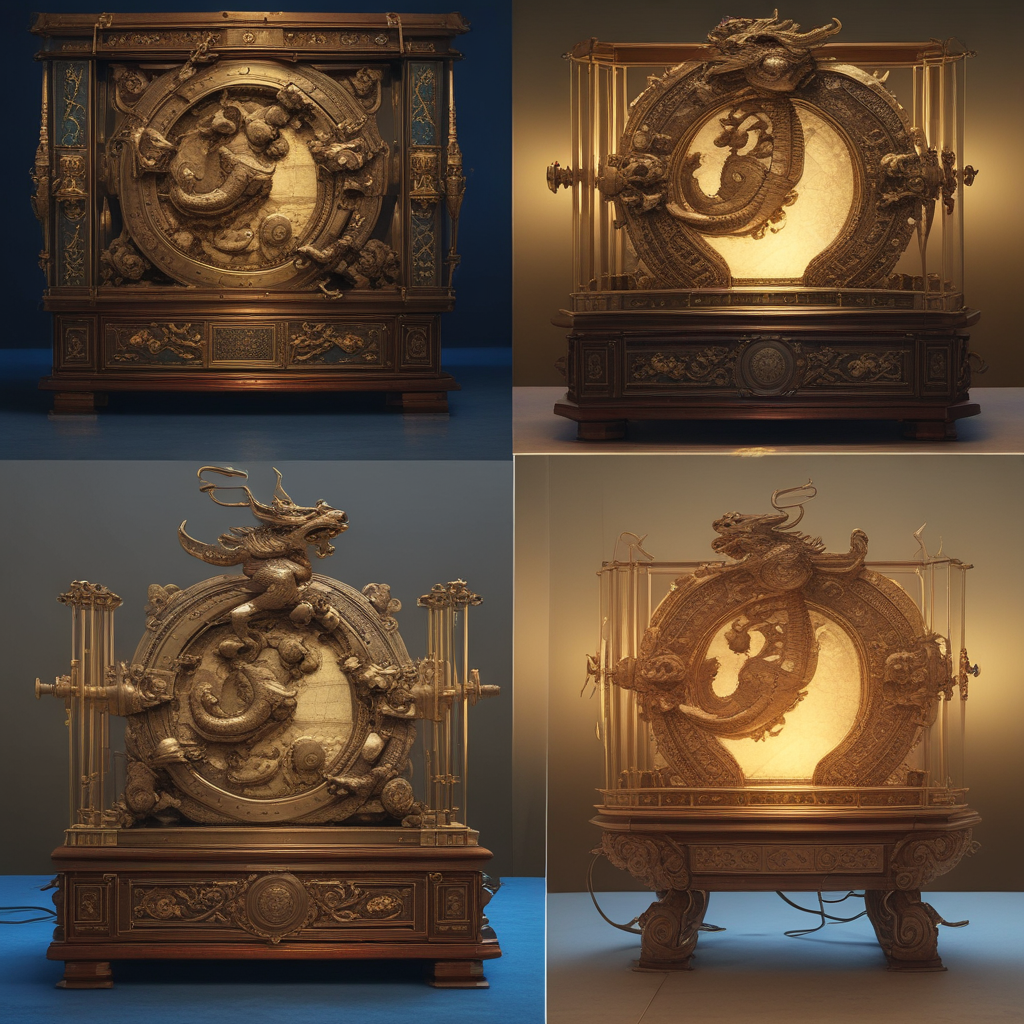 Ancient Chinese seismoscope with bronze dragons compared to modern seismograph