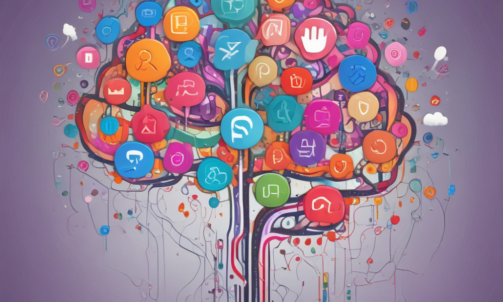 Human brain with floating visual symbols showing visual symbols psychology