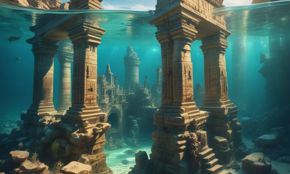 Scuba diver exploring ancient underwater archaeological sites with stone ruins