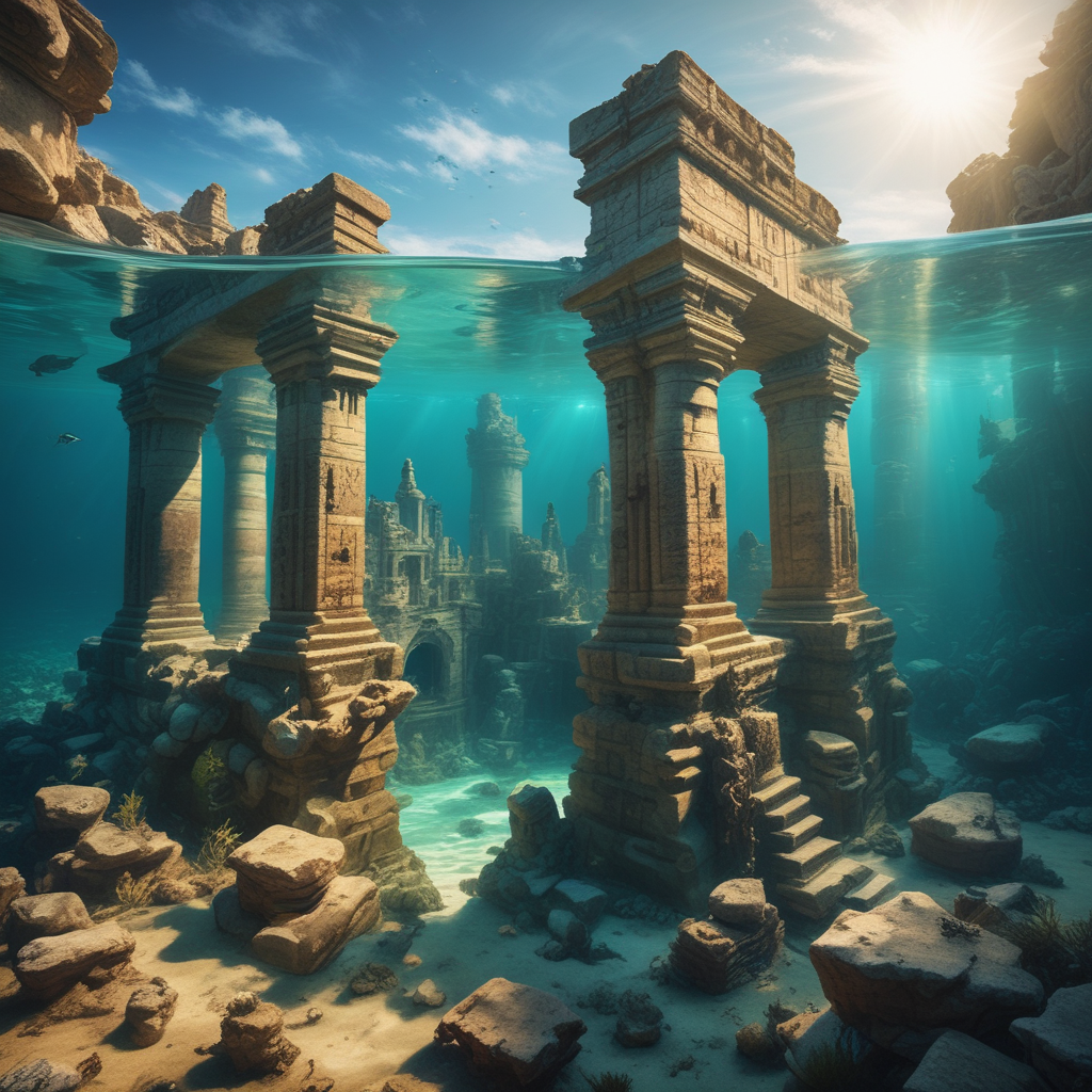 Scuba diver exploring ancient underwater archaeological sites with stone ruins