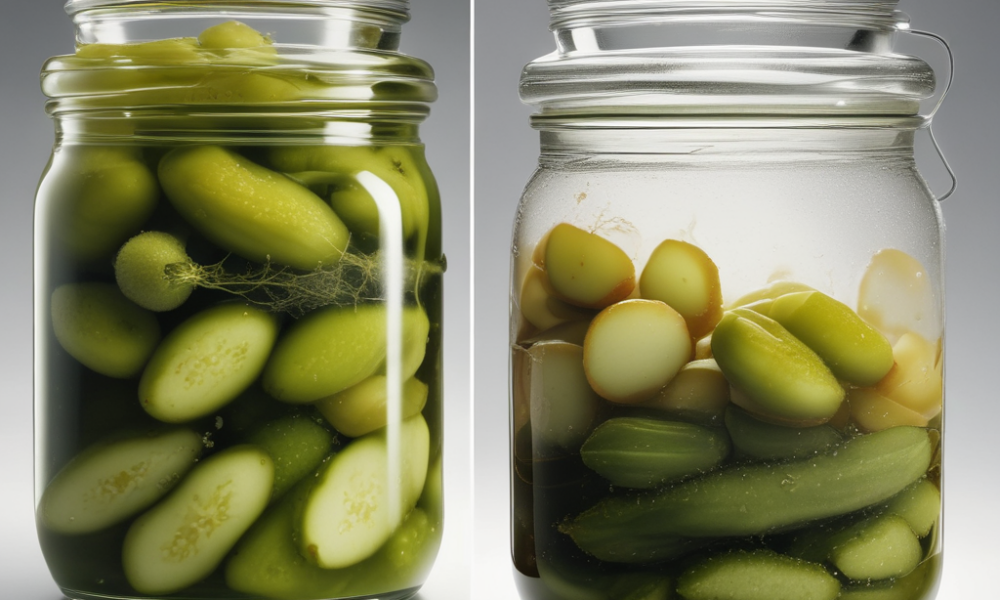 Side-by-side comparison of fermented pickles vs pickled commercial varieties showing