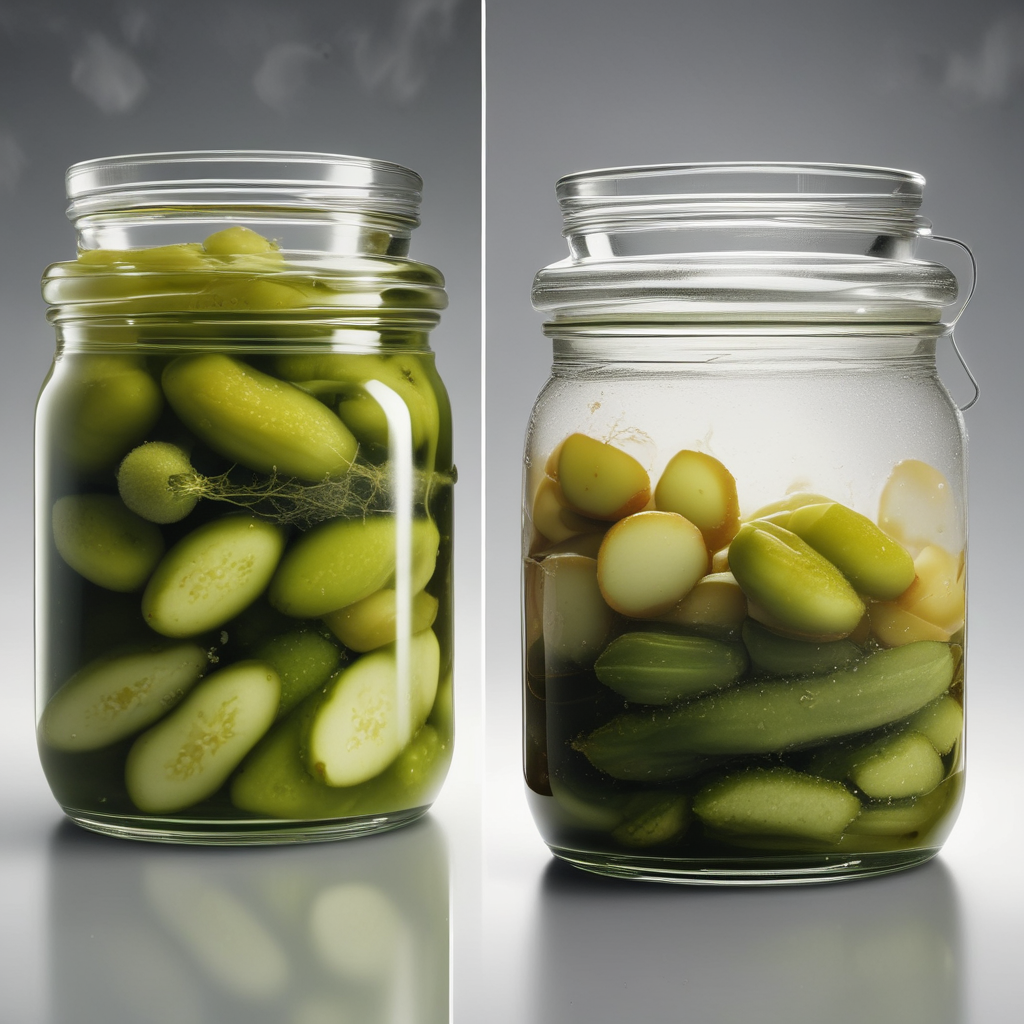 Side-by-side comparison of fermented pickles vs pickled commercial varieties showing