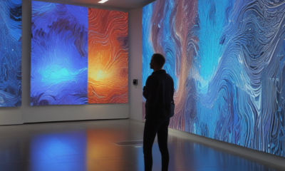 Museum visitor interacting with responsive digital art installation showing interactive